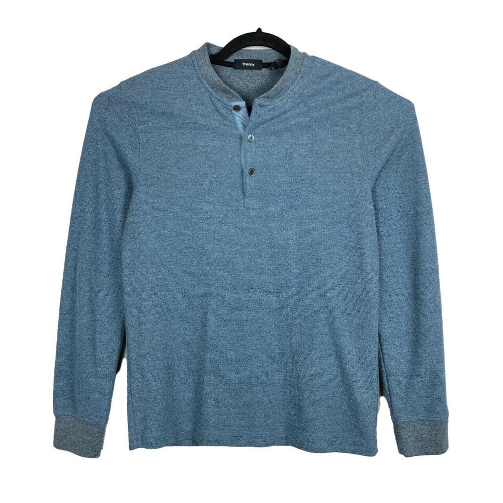 THEORY Henley T Shirt Long Sleeve Blue Band Collar Polyester Cotton Small